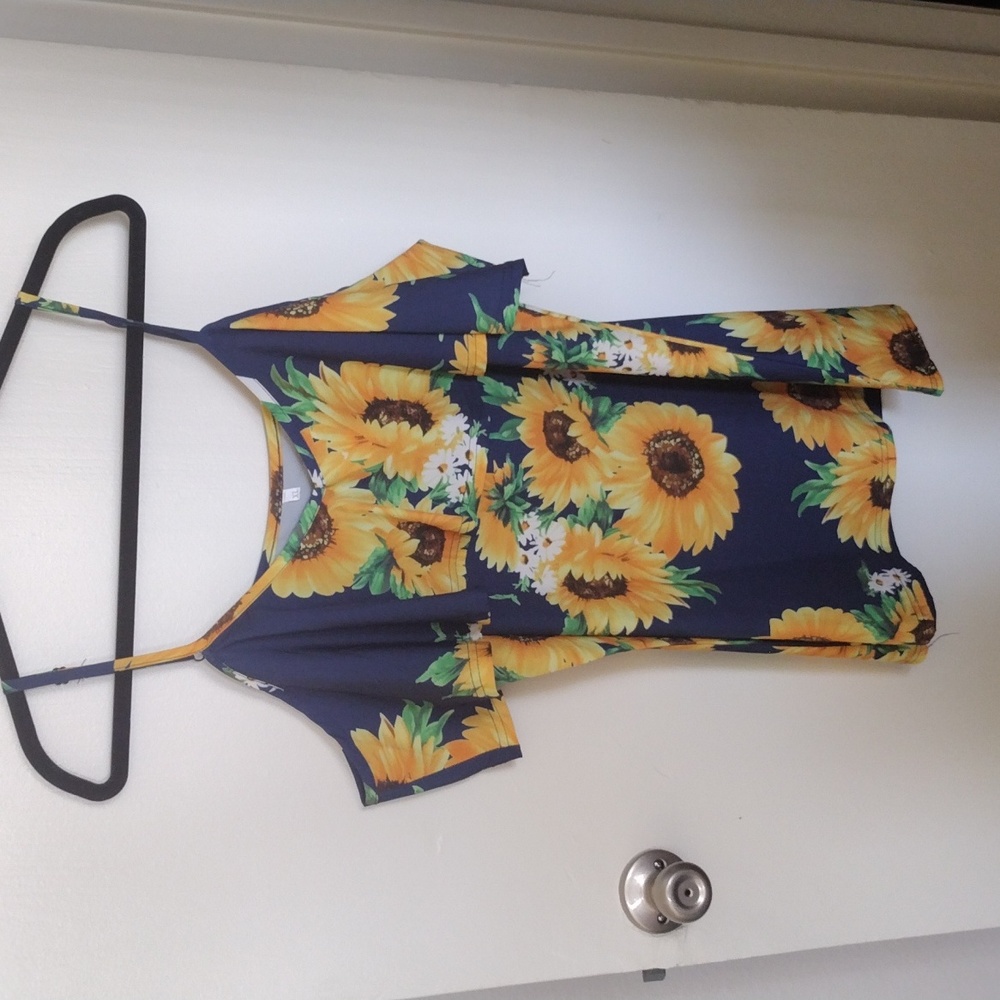 Navy blue and sunflower off the shoulder tank top
